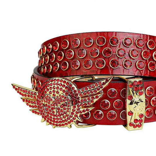 Angel Wings Buckle Red Strap With Red Studded Rhinestone Belt