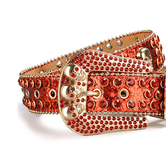 Skull Buckle Shiny Red Strap With Red Studded Rhinestone Belt