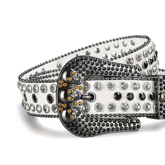 Skull Buckle White Strap With Crystal & Black Studded Rhinestone Belt