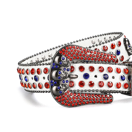 Skull Buckle White Strap With Red & Blue Studded Rhinestone Belt