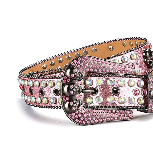 Skull Buckle Pink Strap With Multi Studded Rhinestone Belt