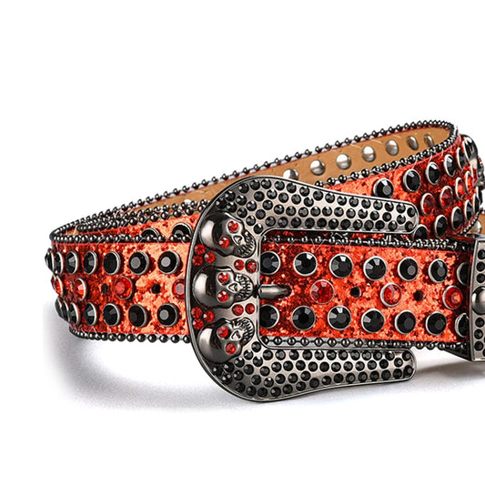 Skull Buckle Shiny Orange Strap With Orange & Black Studded Rhinestone Belt