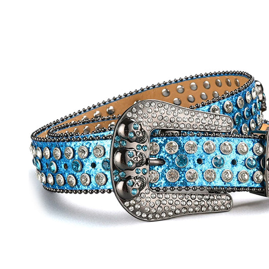 Skull Buckle Shiny Blue Strap With Blue & Crystal Studded Rhinestone Belt