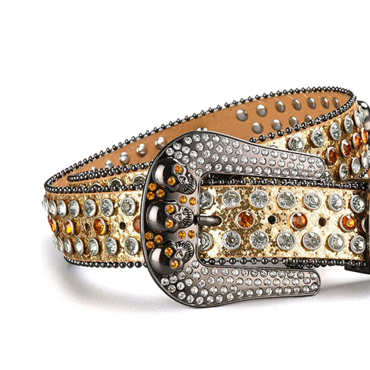 Skull Buckle Gold Strap With Gold & Crystal Studded Rhinestone Belt