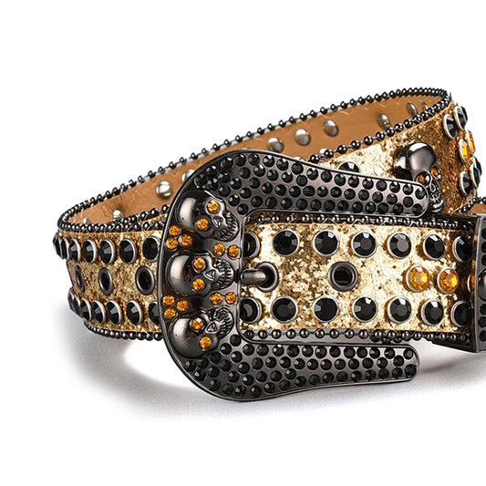 Skull Buckle Gold Strap With Gold & Black Studded Rhinestone Belt