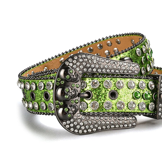 Skull Buckle Shiny Green Strap With Green & Crystal Studded Rhinestone Belt