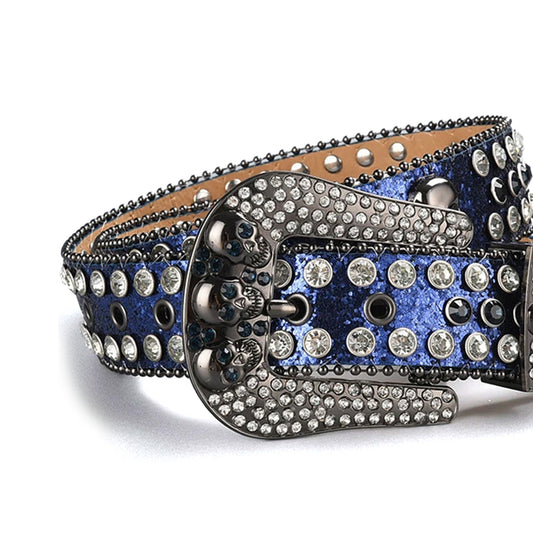 Skull Buckle Shiny Navy Strap With Navy & Crystal Studded Rhinestone Belt