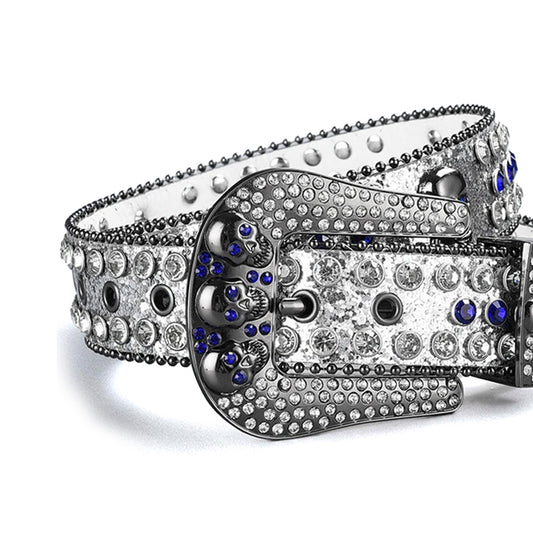 Skull Buckle Shiny Silver Strap With Blue & Crystal Studded Rhinestone Belt