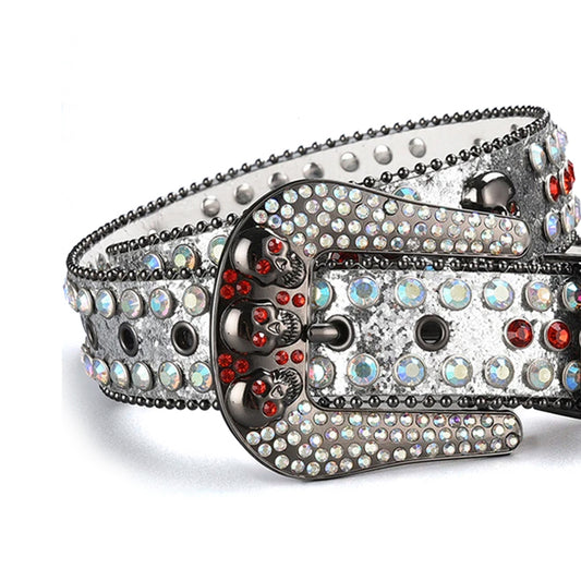 Skull Buckle Shiny Silver Strap With Multi & Red Studded Rhinestone Belt