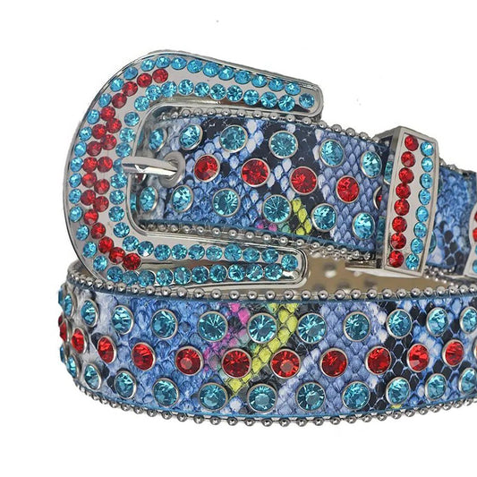 Red and Blue Rhinestone Belt With Snake Texture Strap