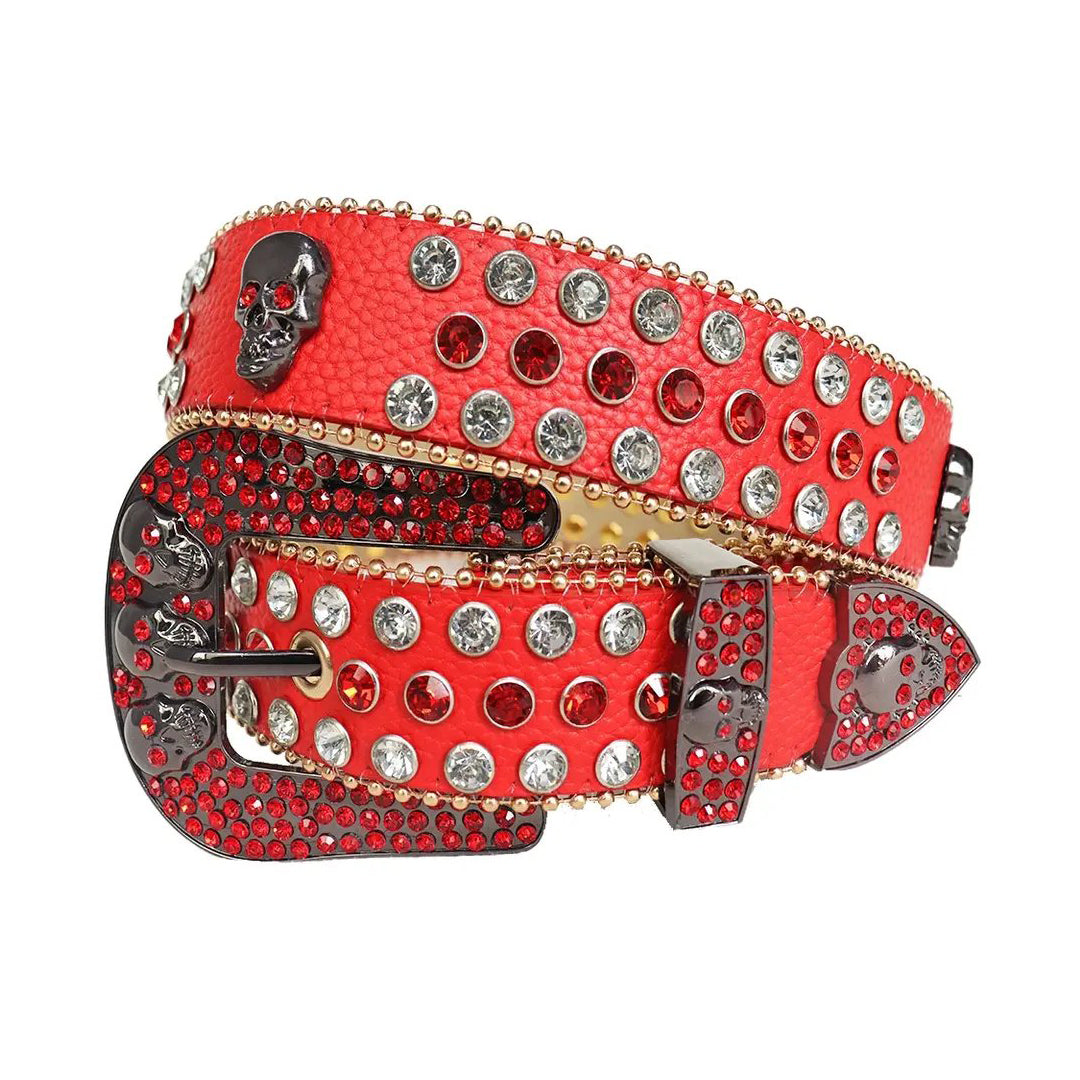 Red And Diamond Rhinestone Belt With Red Strap and Skull Buckles