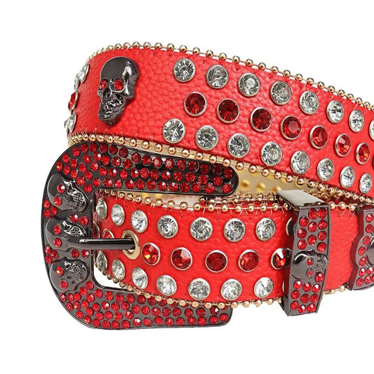 Red And Diamond Rhinestone Belt With Red Strap and Skull Buckles