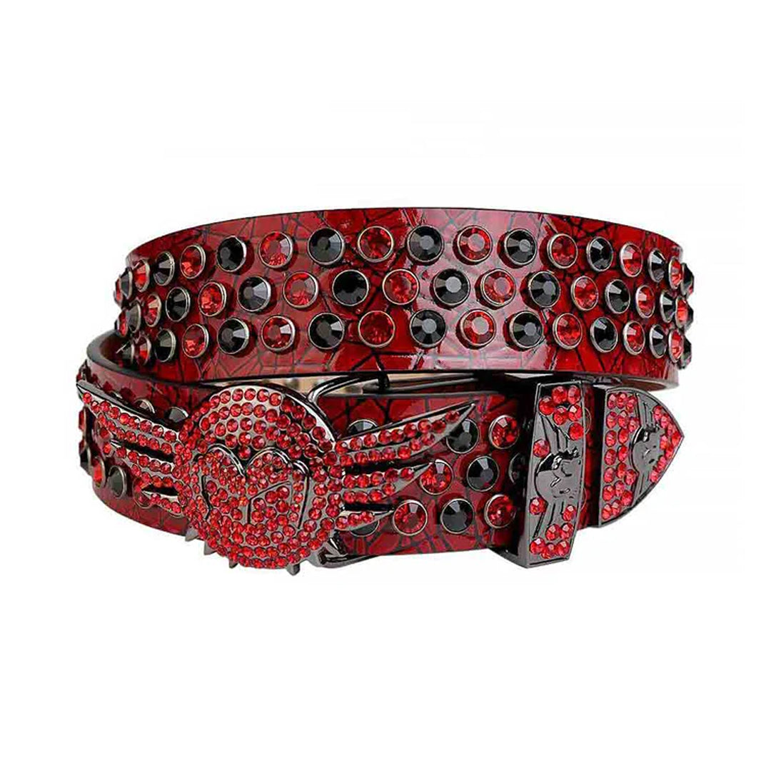 Angel Wings Buckle Red Strap With Red & Black Studded Rhinestone Belt