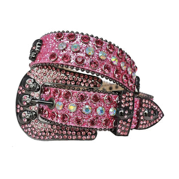 Diamond And Pink Rhinestone Belt With Pink Glitter Strap and Skull Buckles