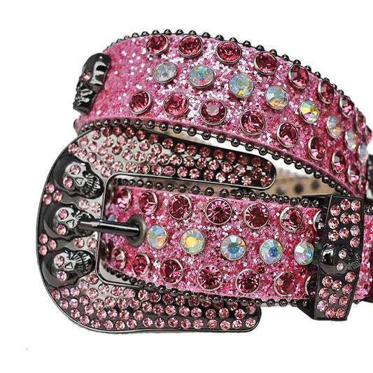 Diamond And Pink Rhinestone Belt With Pink Glitter Strap and Skull Buckles