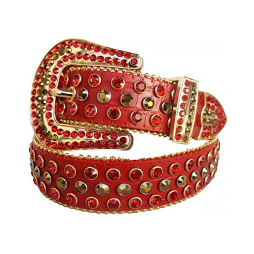 Red And Gold Rhinestone Belt With Red Textured Strap