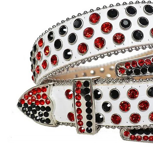 Black And Red Rhinestone Belt With White Textured Strap