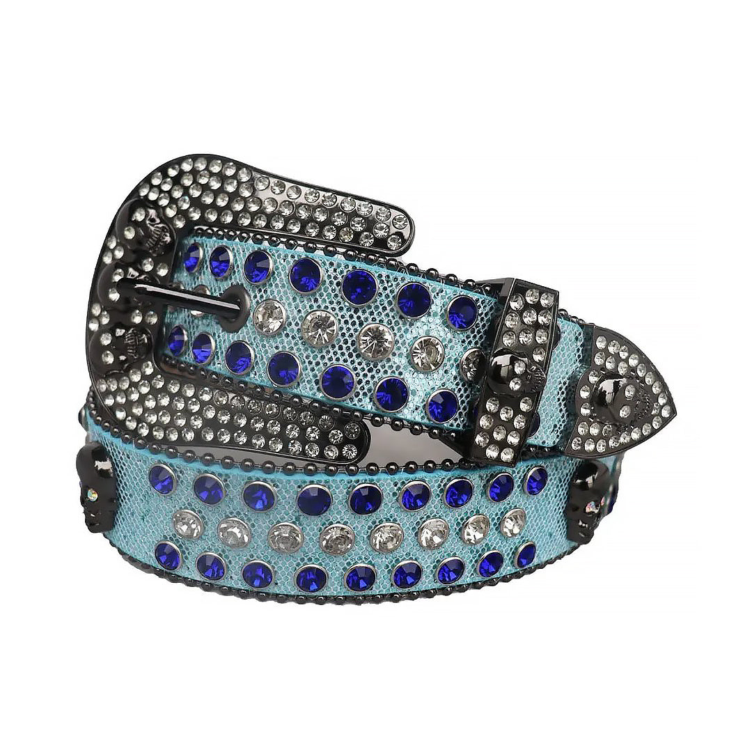 Blue And Clear Rhinestone and Skull Stud Belt With Sky strap