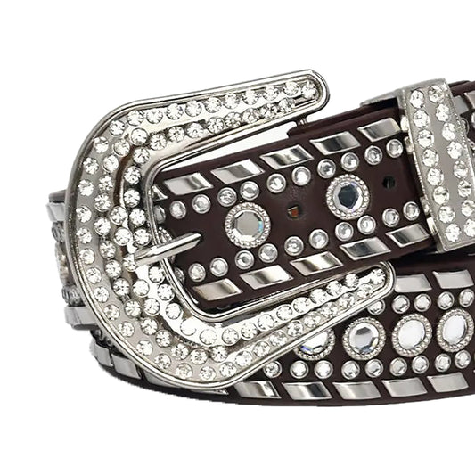 Diamond Rhinestone and Silver Studs Belt With D/Brown Strap