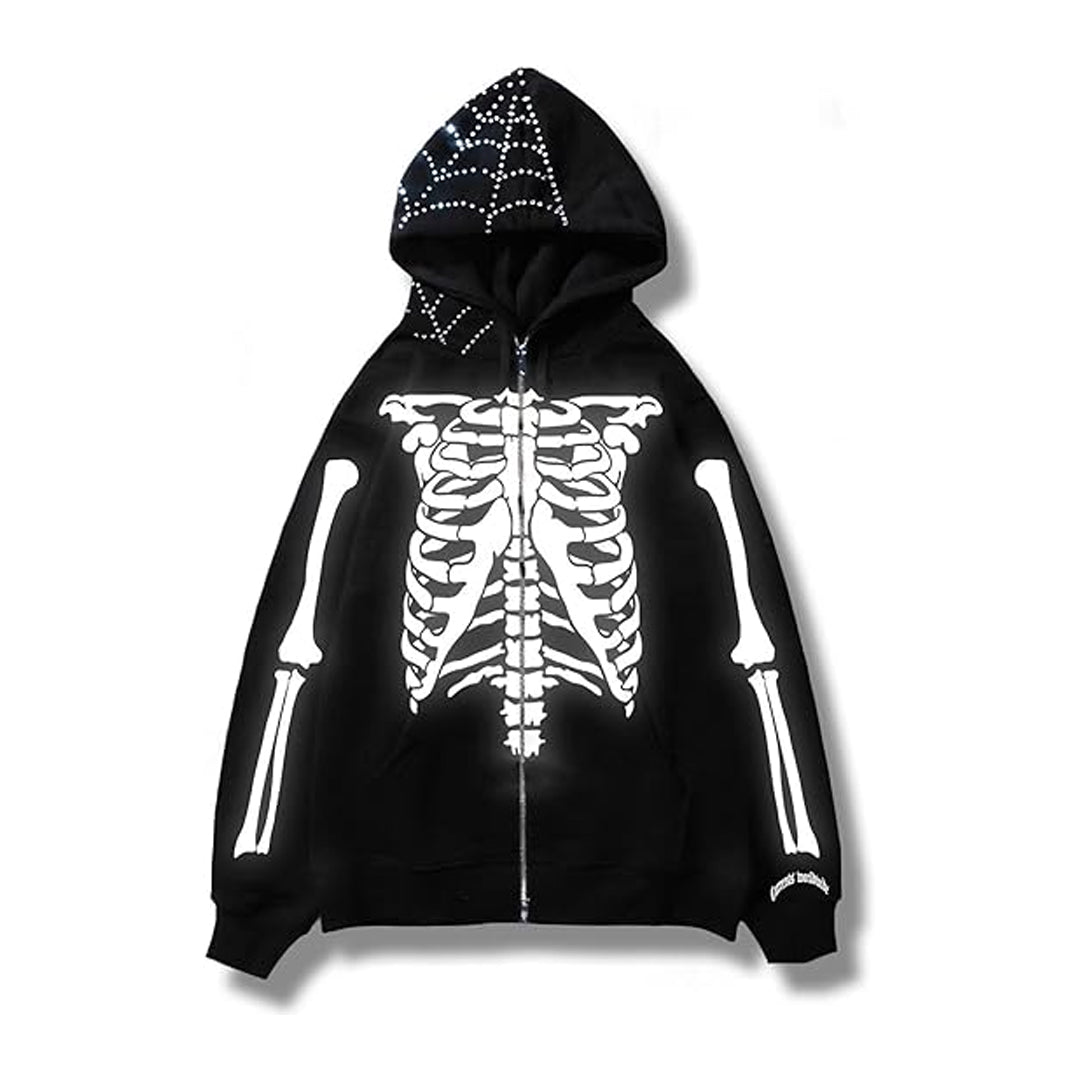 Skeleton Zip Up Halloween Rhinestone Hoodie