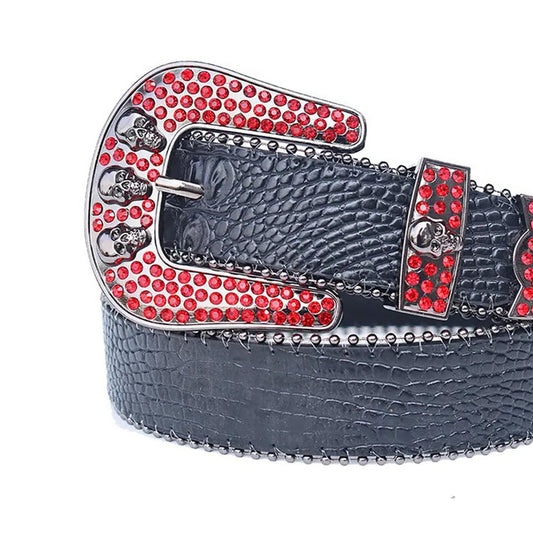 Red Rhinestone Belt With Black Textured Strap and Skull Buckles