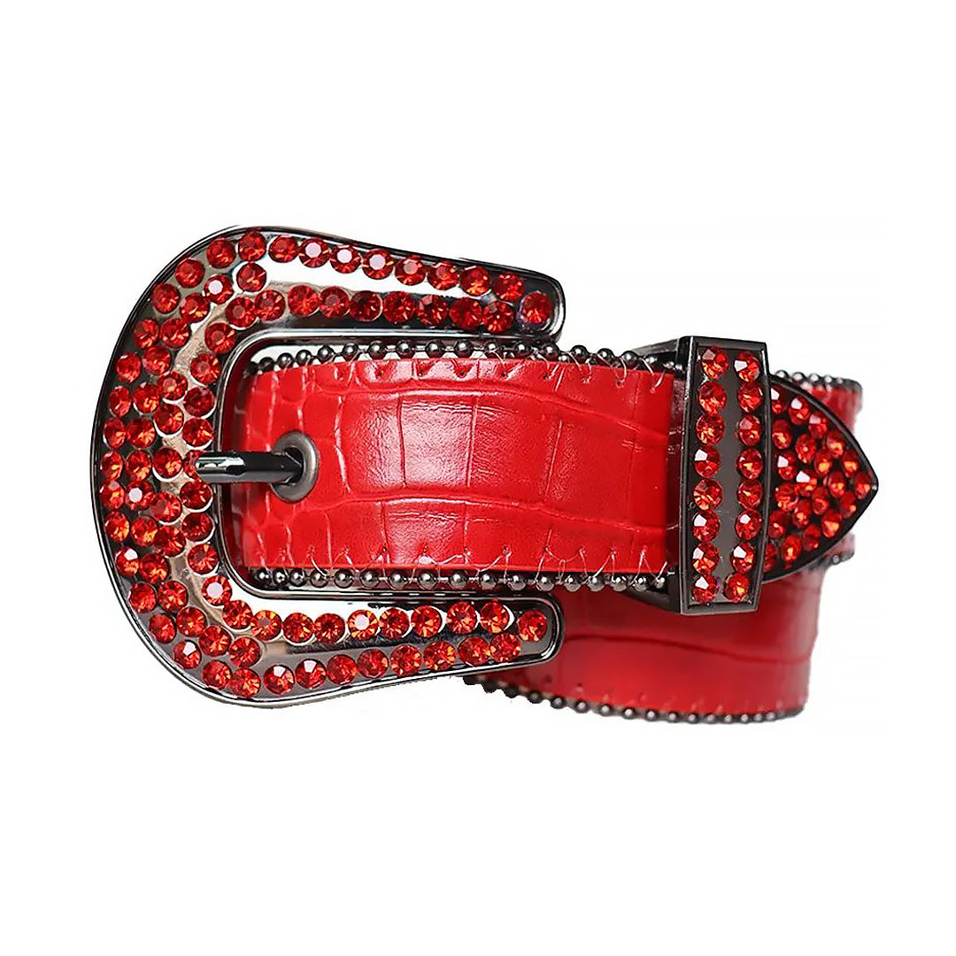 Red Rhinestone Belt With Red Textured Strap Black Buckle