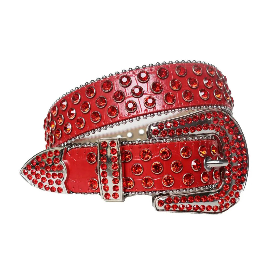 Red Rhinestone Belt With Red Textured Strap Silver Buckle