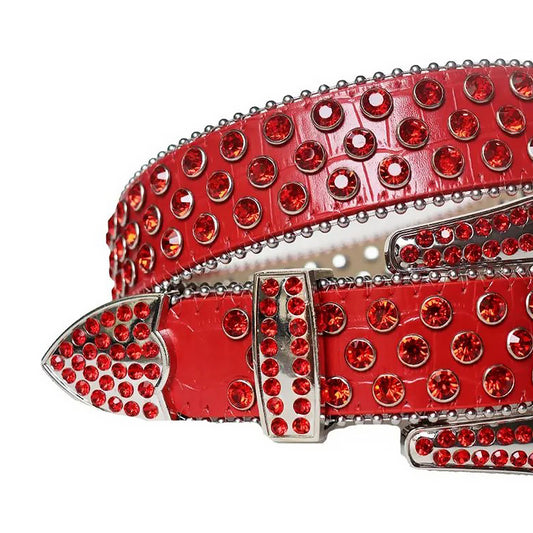 Red Rhinestone Belt With Red Textured Strap Silver Buckle