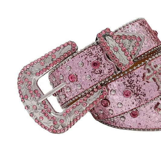 Pink Rhinestone And Silver Studs Belt With Pink Strap