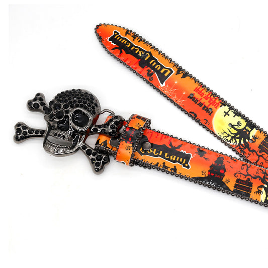 Skull Buckle Orange Strap Halloween Rhinestone Belt