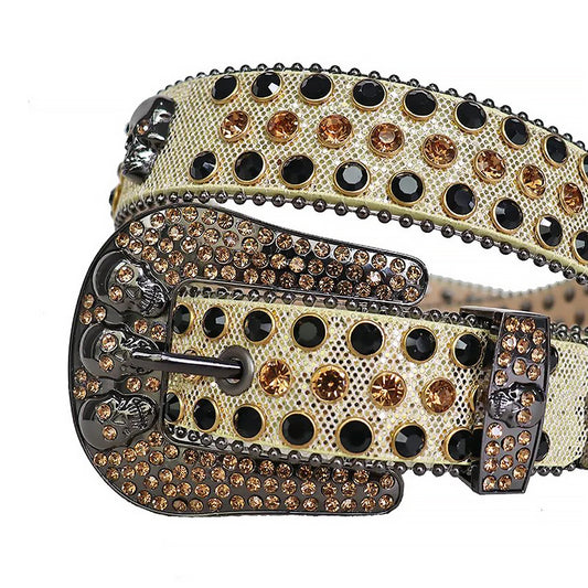 Black and Gold Rhinestone Belt With Beige Strap and Skull Buckles