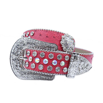 Engraved Buckle Flower Red Strap With Multi & Crystal Studded Rhinestone Belt