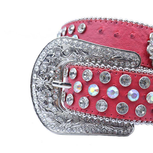 Engraved Buckle Flower Red Strap With Multi & Crystal Studded Rhinestone Belt