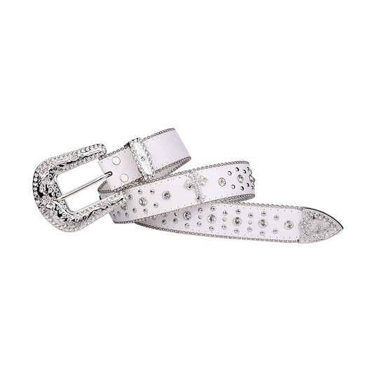 Engraved Buckle Cross White Strap With Crystal Studded Rhinestone Belt