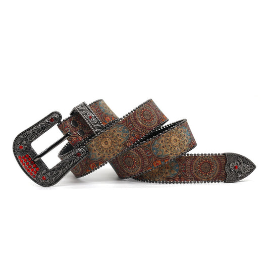 Engraved Buckle Zombie Art Red Studded Rhinestone Belt