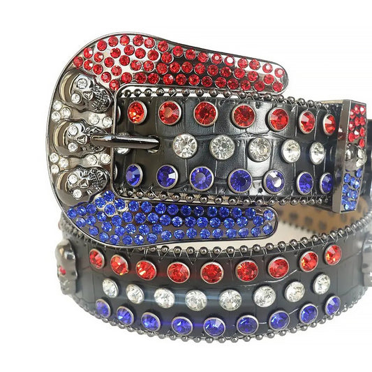 Red And Blue Rhinestone Belt With Black Strap and Skull Buckles