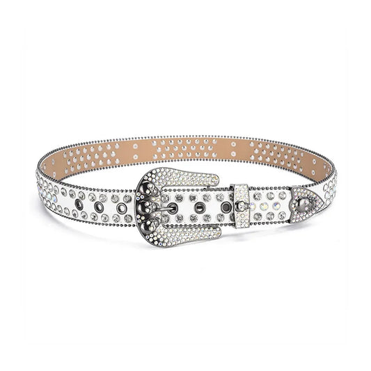 Skull Buckle White Strap With Crystal Studded Rhinestone Belt