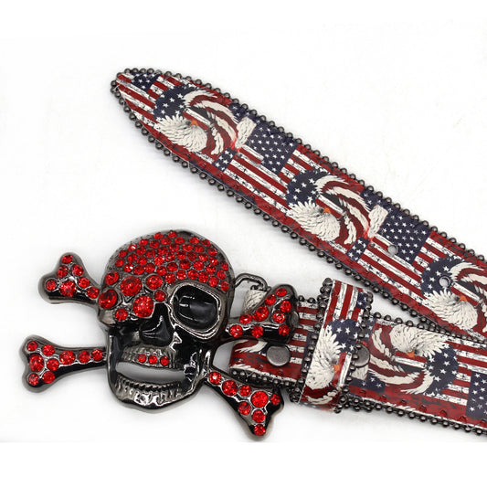 Skull Buckle America Flag Strap With Red Studded Rhinestone Belt