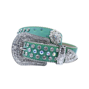 Engraved Buckle Flower Green Strap With Multi & Crystal Studded Rhinestone Belt