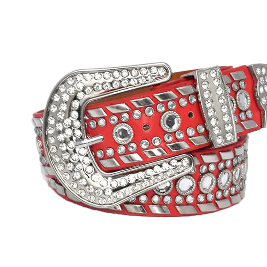 Diamond Rhinestone and Silver Studs Belt With Red Strap