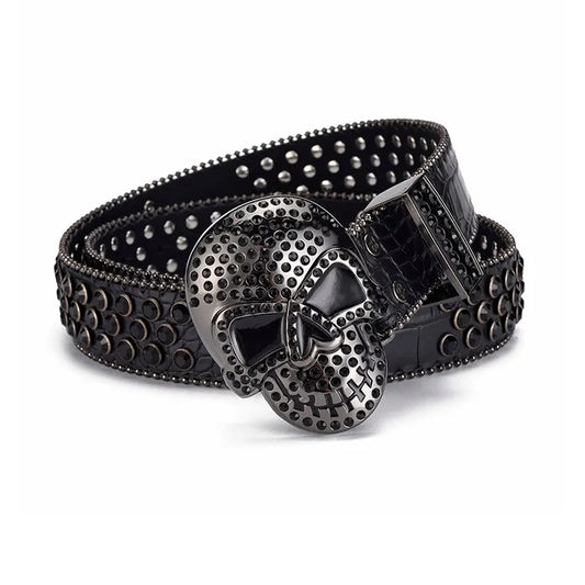 Skull Buckle Black Strap With Black Studded Rhinestone Belt