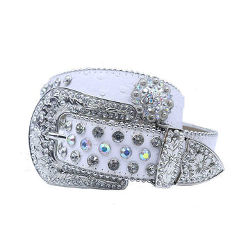 Engraved Buckle Flower White Strap With Multi & Crystal Studded Rhinestone Belt