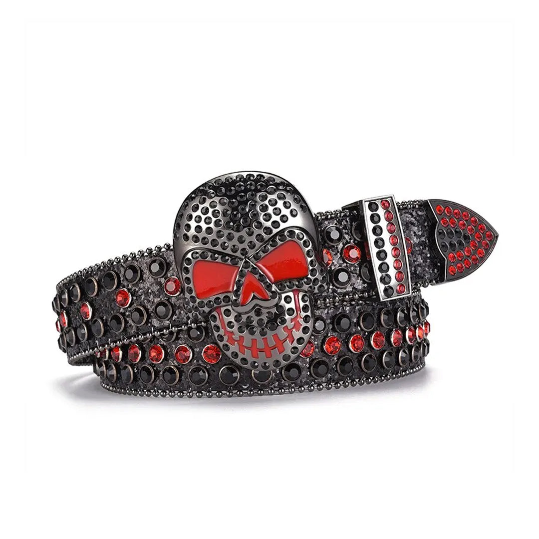 Skull Buckle Black Strap With Black & Red Studded Rhinestone Belt