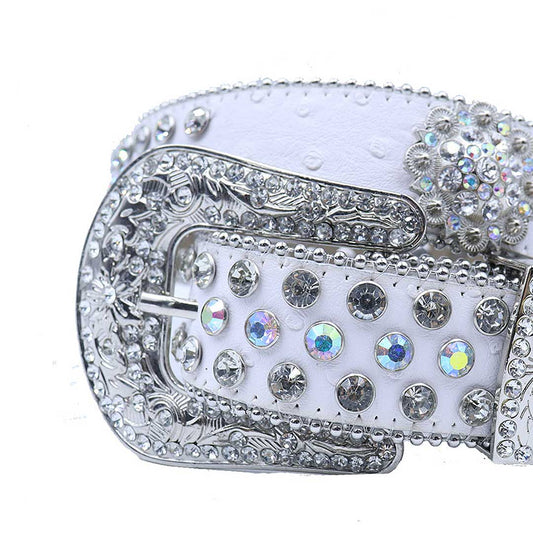 Engraved Buckle Flower White Strap With Multi & Crystal Studded Rhinestone Belt