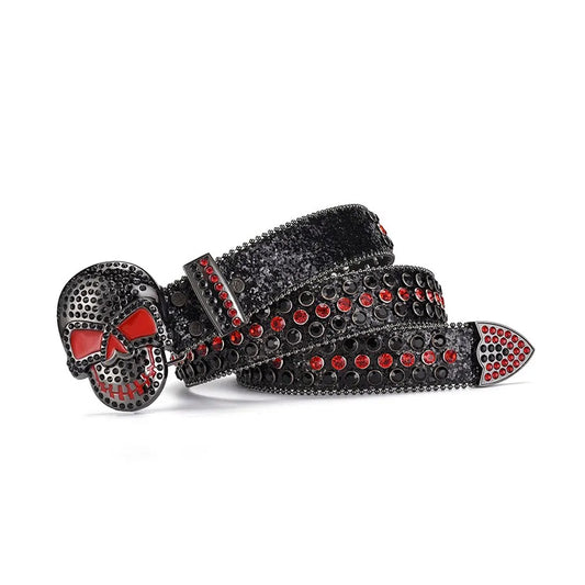 Skull Buckle Black Strap With Black & Red Studded Rhinestone Belt