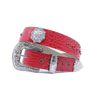 Engraved Buckle Flower Red Strap With Red Studded Rhinestone Belt