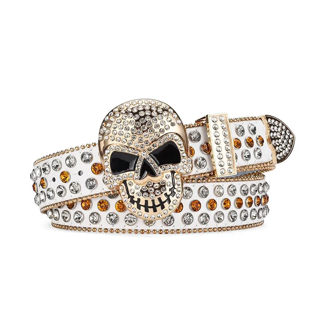 Skull Buckle White Strap With Crystal & Gold Studded Rhinestone Belt