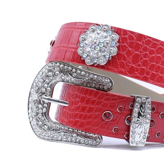 Engraved Buckle Flower Red Strap With Red Studded Rhinestone Belt