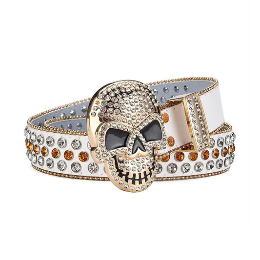 Skull Buckle White Strap With Crystal & Gold Studded Rhinestone Belt