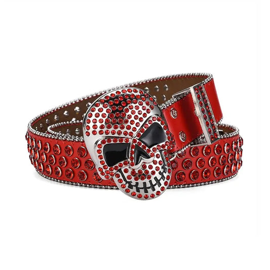 Skull Buckle Red Strap With Red Studded Rhinestone Belt